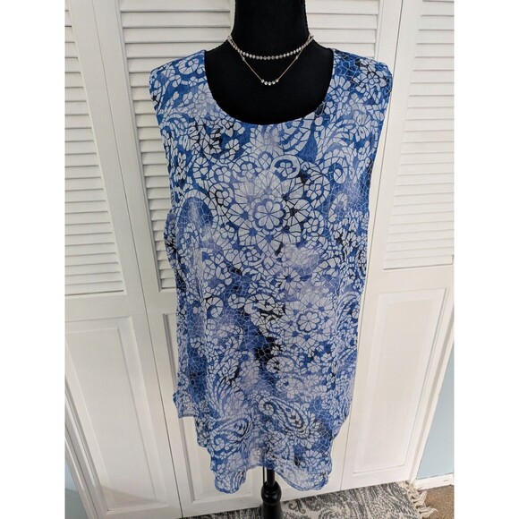 Fever Blouse Women 2X Blue Paisley Mosaic Chiffon Top Sleeveless Casual Coastal - Picture 1 of 12